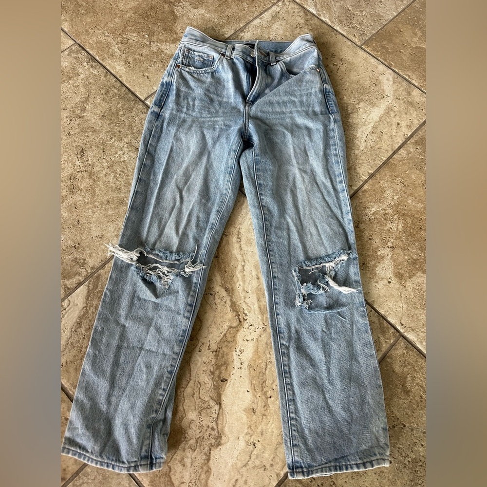 Express Light Blue Distressed Straight Leg Jeans